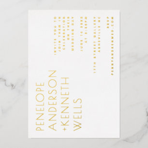 Invitación Con Relieve Metalizado Chic Minimalista Boda Moderna Horizontal Dorado 