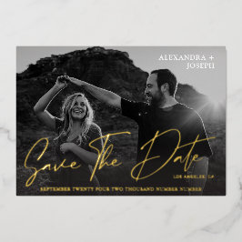 Invitación Con Relieve Metalizado Chic Moderno Foto BW Fecha Larga Save the Date