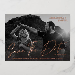 Invitación Con Relieve Metalizado Chic Moderno Foto BW Fecha Larga Save the Date Com