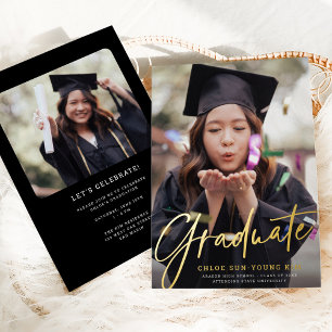 Invitación Con Relieve Metalizado Chic Moderno Script Foto de Graduado Graduación Do