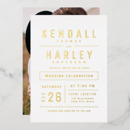 Invitación Con Relieve Metalizado Chic Moderno Tipografía Simple Foto Boda Hoja de O
