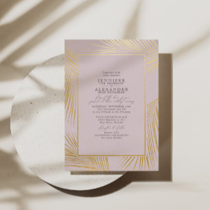 Invitación Con Relieve Metalizado Chic Moderno Tropical Playa Palma Boda Rubor Oro
