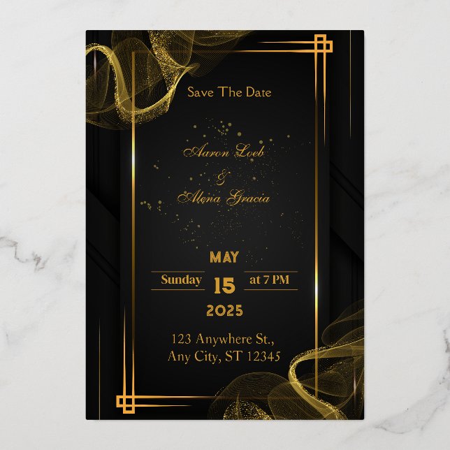 Invitación Con Relieve Metalizado Chic Negro y Dorado Elegante (Anverso)