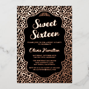 Invitación Con Relieve Metalizado Chic Negro y Leopardo de Oro Rosa Cumpleaños 16