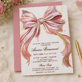 Invitación Con Relieve Metalizado Chic Rosa Couture Acuarela Lazo Baby Shower 