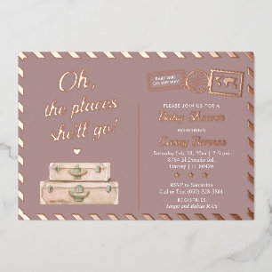 Invitación Con Relieve Metalizado Chic Travel Rosa Dorado Lugares a los que irá Fies