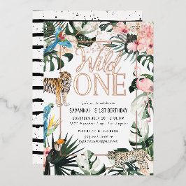 Invitación Con Relieve Metalizado Chic Tropical | Cumpleaños Fiesta Rosa Wild One
