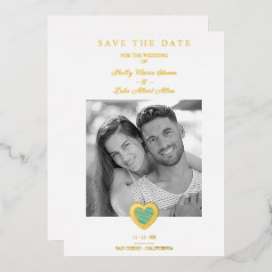 Invitación Con Relieve Metalizado Chic Turquoise & Gold Heart Photo Couple Wedding