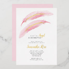 Invitación Con Relieve Metalizado Chica Baby Shower Acuarela Pluma Rosa
