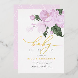 Invitación Con Relieve Metalizado Chica Bebé Floral Dorado Púrpura en Ducha de Flora