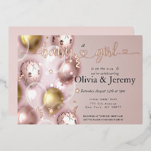Invitación Con Relieve Metalizado Chica Bebé Globos Rosados Baby SHower