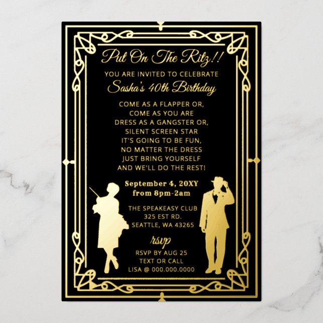 Invitación Con Relieve Metalizado Chica de arte deco flapper y gángster de los años  (Anverso)