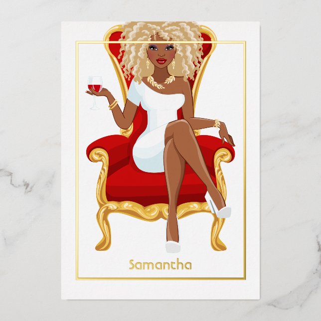 Invitación Con Relieve Metalizado Chica de cumpleaños de vino rojo (Anverso)