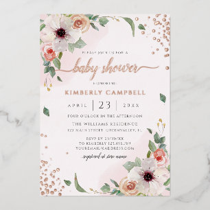 Invitación Con Relieve Metalizado Chica de ducha de bebé floral acuarela rosa
