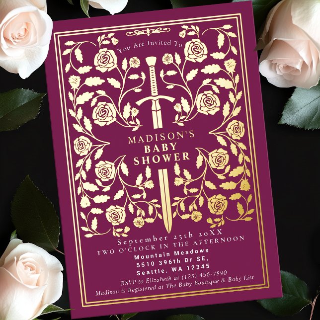 Invitación Con Relieve Metalizado Chica de espadas doradas rosadas reales medievales (Subido por el creador)