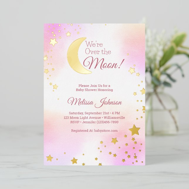 Invitación Con Relieve Metalizado Chica de la luna de rosa soñado Baby Shower (Anverso de pie)