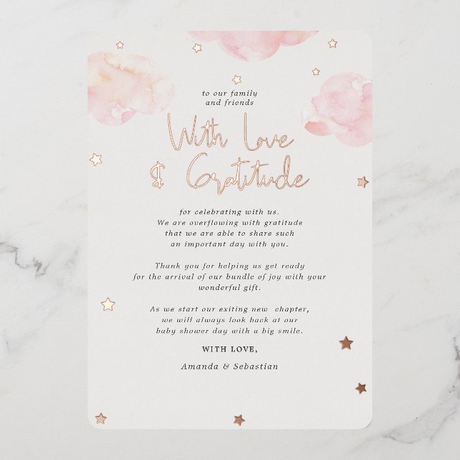Invitación Con Relieve Metalizado Chica de nubes rosadas Baby Shower Flat Gracias F (Anverso)