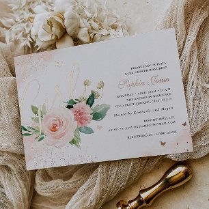 Invitación Con Relieve Metalizado Chica de oro rosa flor de bebé