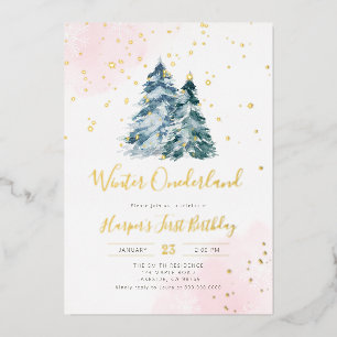 Invitación Con Relieve Metalizado Chica de primer cumpleaños Winter Onederland
