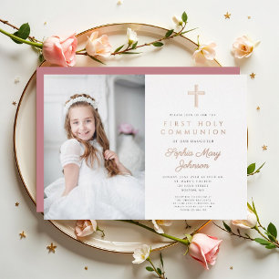 Invitación Con Relieve Metalizado Chica elegante foto Rosa de la primera comunión or