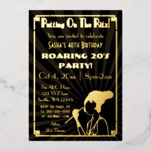 Invitación Con Relieve Metalizado Chica flapper art déco de los locos años 20 