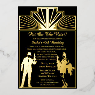 Invitación Con Relieve Metalizado Chica flapper y gánster art déco de los felices añ