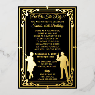 Invitación Con Relieve Metalizado Chica flapper y gánster art déco de los locos años