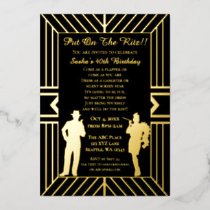 Invitación Con Relieve Metalizado Chica flapper y gánster art déco de los locos años