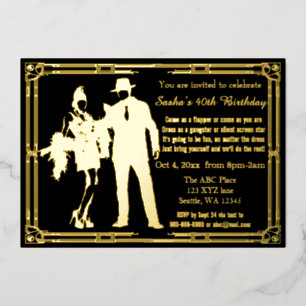 Invitación Con Relieve Metalizado Chica flapper y gánster art déco de los locos años
