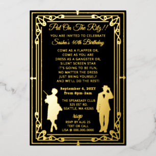 Invitación Con Relieve Metalizado Chica flapper y gánster del arte deco de los locos