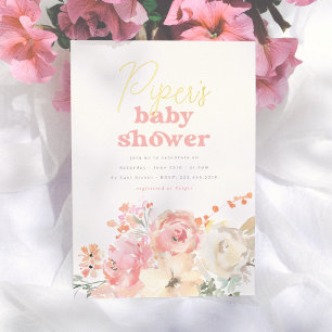 Invitación Con Relieve Metalizado Chica Floral Retro de Papel Aluminio Baby Shower