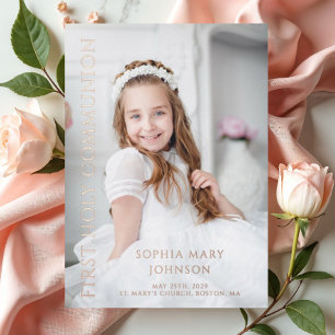 Invitación Con Relieve Metalizado Chica Foto Moderna Primera Comunión Rosa Oro