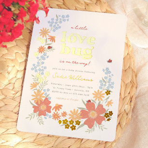 Invitación Con Relieve Metalizado Chica Pequeño Bicho del Amor Fiesta Retro para Beb
