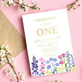 Invitación Con Relieve Metalizado Chica Primer cumpleaños Fiesta de Wildflower Garde