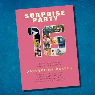 Invitación Con Relieve Metalizado Chica Rosa Surprise Sweet 16 Fósforo de Cumpleaños