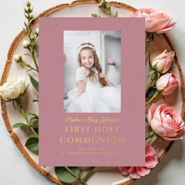 Invitación Con Relieve Metalizado Chica Script Photo First Holy Communia Rosa Gold