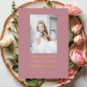 Invitación Con Relieve Metalizado Chica Script Photo First Holy Communia Rosa Gold