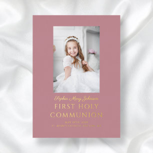 Invitación Con Relieve Metalizado Chica Script Photo First Holy Communia Rosa Gold