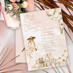 Invitación Con Relieve Metalizado Chica Tropical Bohemio Leopardo Ducha de Bebé