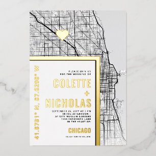 Invitación Con Relieve Metalizado Chicago Love Locator   Boda con tema de ciudad 