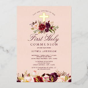 Invitación Con Relieve Metalizado Chicas Cruz de Oro de Borgoña Primera Comunión