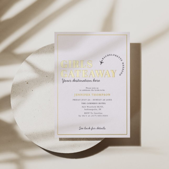 Invitación Con Relieve Metalizado Chicas Getaway Bachelorette Weekend Gold (Subido por el creador)