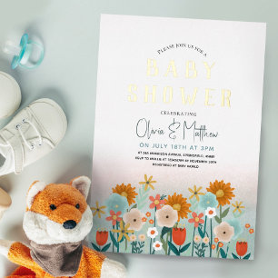Invitación Con Relieve Metalizado Chicas Lindas Elegantes Flores Silvestres Baby Sho