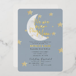 Invitación Con Relieve Metalizado Chico Baby Shower Luna y Estrellas