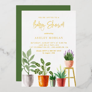 Invitación Con Relieve Metalizado Chico de Agua Boho Interior de Plantas Baby Shower