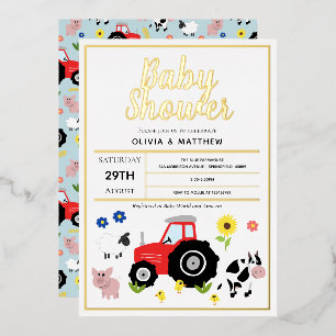 Invitación Con Relieve Metalizado Chicos Dulces Granja Moderna Tractor Country Baby 