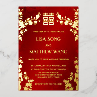 Invitación Con Relieve Metalizado Chinese Bilingual | Red Cherry Blossom Wedding