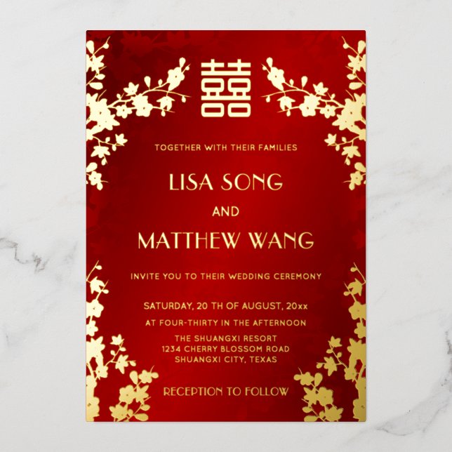 Invitación Con Relieve Metalizado Chinese Bilingual | Red Cherry Blossom Wedding (Anverso)