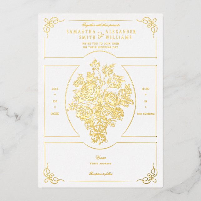 Invitación Con Relieve Metalizado Chinoiserie Elegant Blue Bouquet Boda victoriano (Anverso)