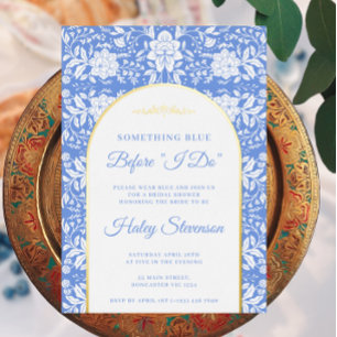 Invitación Con Relieve Metalizado Chinoiserie Floral Algo Blue Bridal Shower